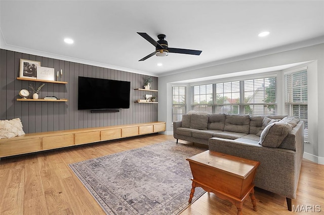 66 Walnutshade Ct, Saint Peters, MO 63376 - living area featuring ornamental molding, a ceiling fan, light wood finished floors, and recessed lighting