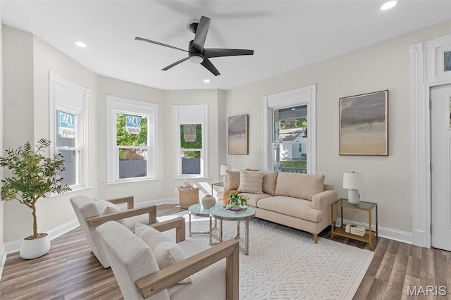 7211 Kensington Ave, Maplewood, MO 63143 - living room with plenty of natural light, baseboards, ceiling fan, wood finished floors, and recessed lighting