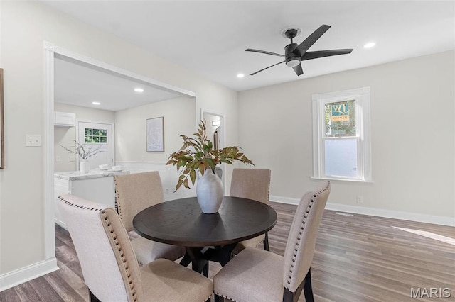 7211 Kensington Ave, Maplewood, MO 63143 - dining room with wood finished floors, ceiling fan, baseboards, and recessed lighting