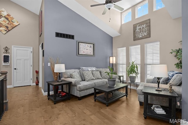 409 Briar Creek Rd, Troy, IL 62294 - living room featuring high vaulted ceiling, ceiling fan, light wood-style flooring, and baseboards