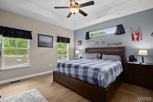 409 Briar Creek Rd, Troy, IL 62294 - bedroom featuring a tray ceiling, wood finished floors, baseboards, and ceiling fan