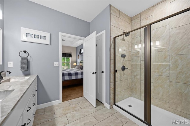 409 Briar Creek Rd, Troy, IL 62294 - ensuite bathroom with a stall shower, double vanity, and baseboards