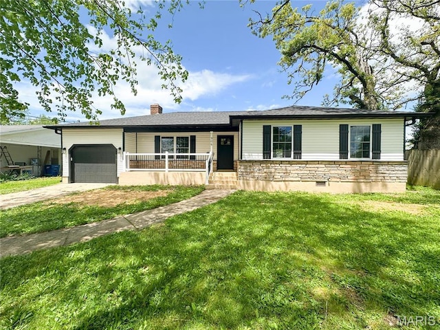 906 E Pace St, Salem, MO 65560 - ranch-style house featuring a garage, concrete driveway, a chimney, a porch, and stone siding