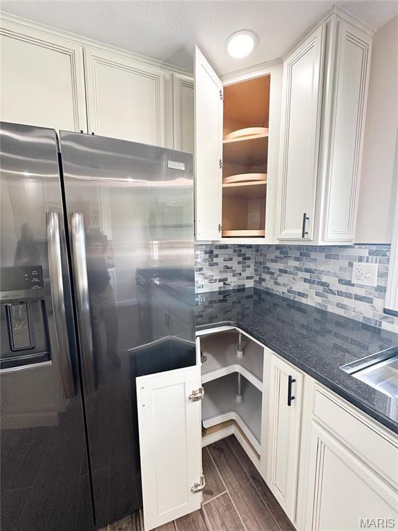 906 E Pace St, Salem, MO 65560 - kitchen featuring stainless steel fridge, open shelves, white cabinets, and backsplash