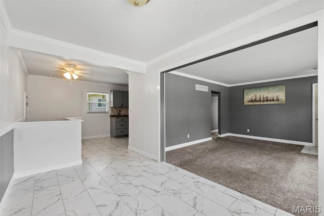 1095 Rogers Ln, Florissant, MO 63033 - spare room with ornamental molding, baseboards, light marble finish flooring, and ceiling fan