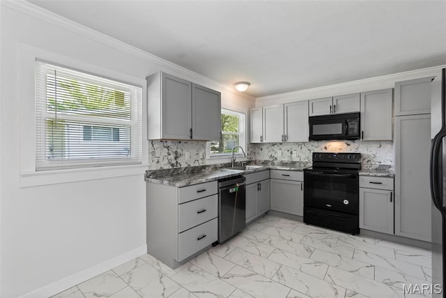 1095 Rogers Ln, Florissant, MO 63033 - kitchen featuring black appliances, gray cabinetry, a sink, light marble finish floors, and decorative backsplash