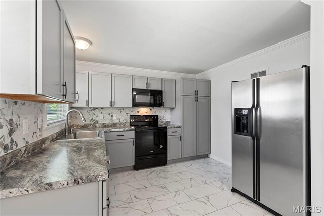 1095 Rogers Ln, Florissant, MO 63033 - kitchen featuring black appliances, gray cabinets, a sink, light marble finish flooring, and ornamental molding