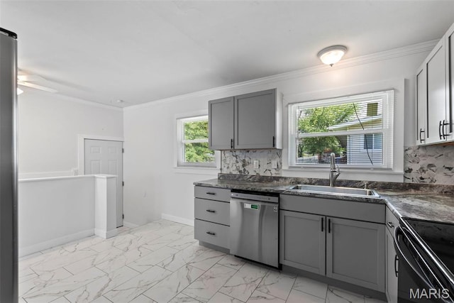 1095 Rogers Ln, Florissant, MO 63033 - kitchen with stainless steel dishwasher, gray cabinets, a sink, decorative backsplash, and black electric range oven