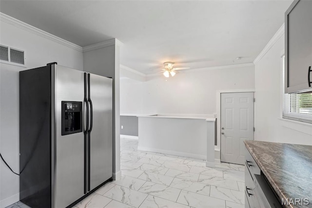 1095 Rogers Ln, Florissant, MO 63033 - kitchen featuring stainless steel refrigerator with ice dispenser, light marble finish flooring, ceiling fan, crown molding, and baseboards