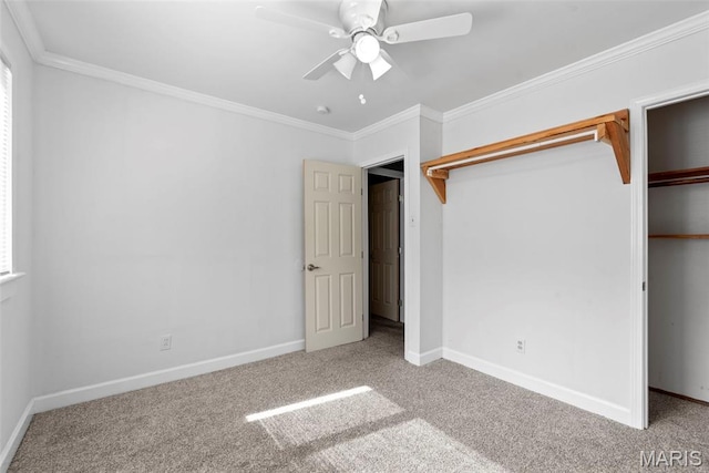 1095 Rogers Ln, Florissant, MO 63033 - unfurnished bedroom featuring carpet, crown molding, baseboards, a closet, and ceiling fan