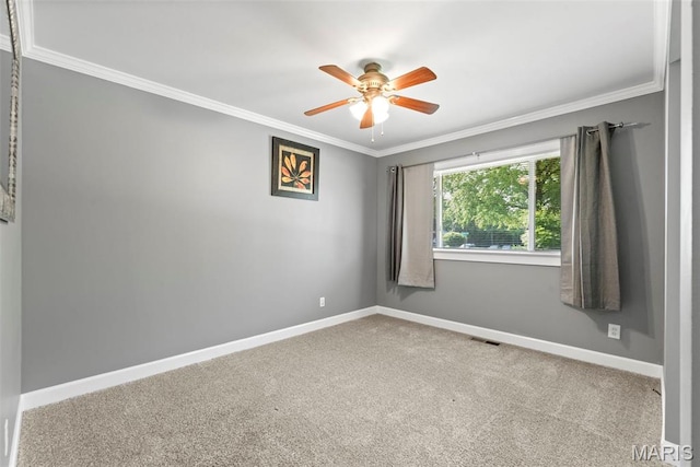 1095 Rogers Ln, Florissant, MO 63033 - spare room with crown molding, a ceiling fan, carpet, and baseboards