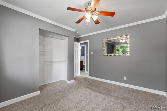 1095 Rogers Ln, Florissant, MO 63033 - unfurnished bedroom featuring carpet floors, baseboards, crown molding, a closet, and a ceiling fan