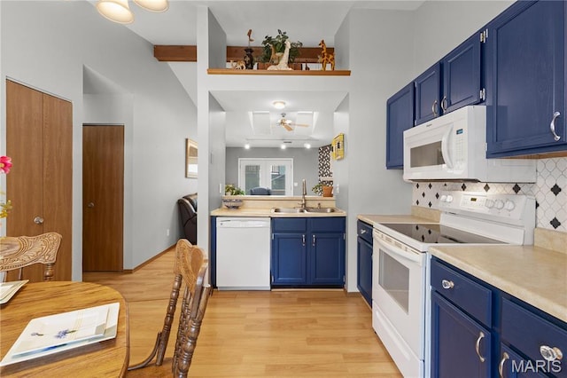 51 Sugar Ridge Ct, Saint Peters, MO 63376 - kitchen with white appliances, blue cabinetry, light wood-style flooring, and beamed ceiling