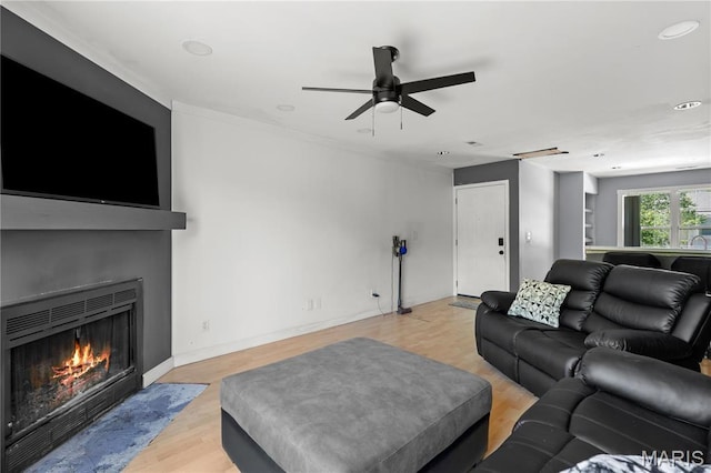 34 Sugar Grove Ct, Saint Peters, MO 63376 - living room with a ceiling fan, a fireplace with flush hearth, light wood finished floors, and recessed lighting
