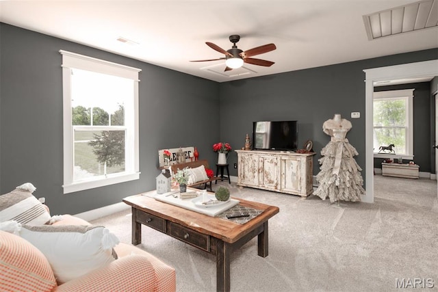 7877 Sylvan Pl, Dittmer, MO 63023 - carpeted living area featuring ceiling fan and baseboards