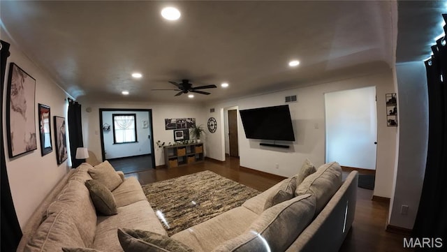 living area with recessed lighting, ceiling fan, and dark wood finished floors