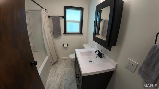 full bath with toilet, marble look tiles, vanity, baseboards, and shower / bath combo with shower curtain