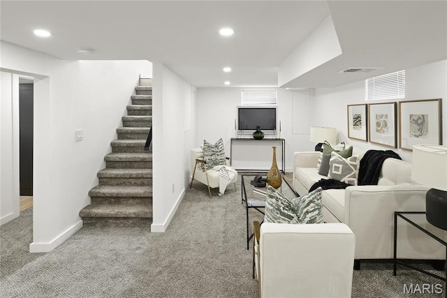 7544 Melrose Ave, University City, MO 63130 - living area with carpet, stairs, recessed lighting, and baseboards
