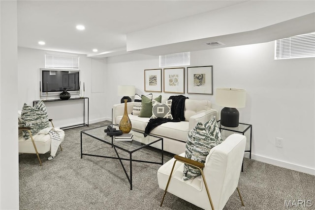 7544 Melrose Ave, University City, MO 63130 - living room featuring baseboards, recessed lighting, and carpet