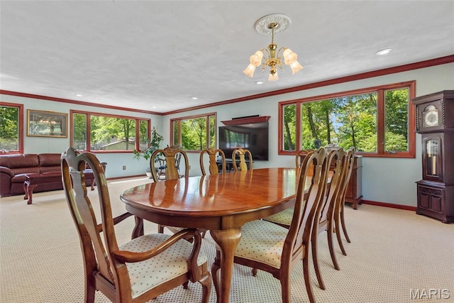 1934 Brigantine Cir, Worden, IL 62097 - dining room featuring light carpet, a chandelier, baseboards, recessed lighting, and ornamental molding