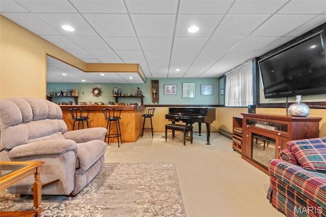 1934 Brigantine Cir, Worden, IL 62097 - living room featuring a baseboard heating unit, a dry bar, carpet flooring, a paneled ceiling, and recessed lighting