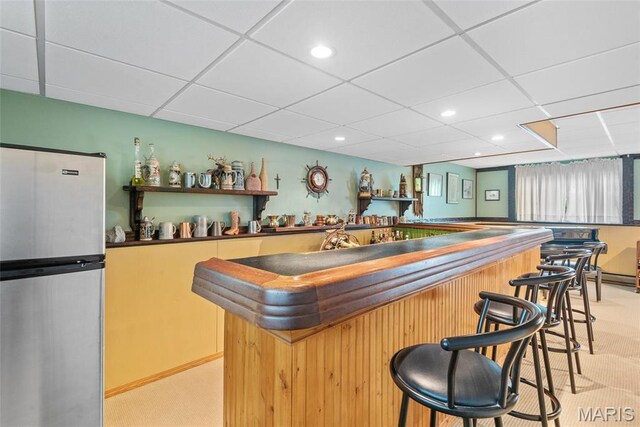 1934 Brigantine Cir, Worden, IL 62097 - indoor dry bar with freestanding refrigerator, a paneled ceiling, light colored carpet, and recessed lighting