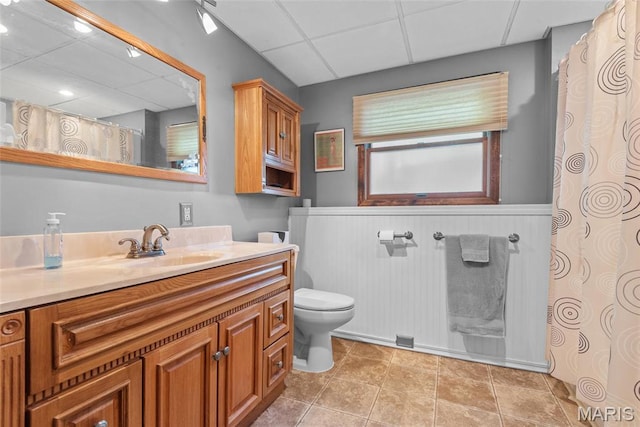 1934 Brigantine Cir, Worden, IL 62097 - bathroom with a drop ceiling, toilet, vanity, tile patterned flooring, and curtained shower