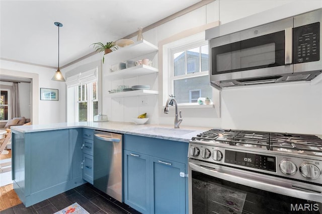 kitchen featuring appliances with stainless steel finishes, a sink, blue cabinetry, and healthy amount of natural light