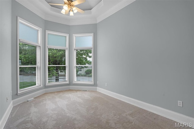 unfurnished room featuring healthy amount of natural light, carpet, a tray ceiling, baseboards, and crown molding
