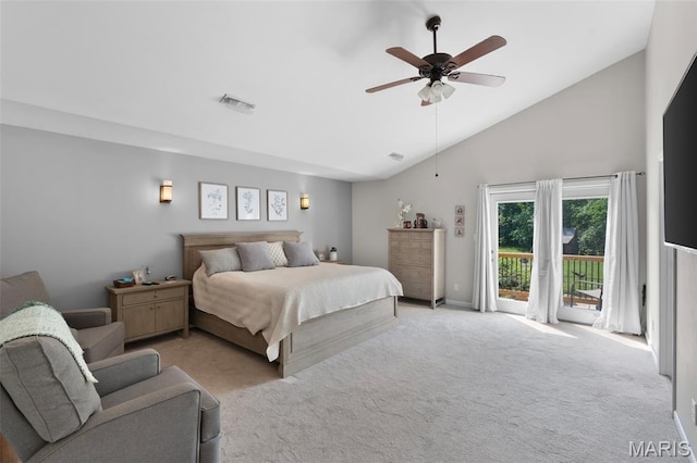 228 Bluegrass Ridge Rd, Saint Clair, MO 63077 - carpeted bedroom with access to outside, vaulted ceiling, and ceiling fan