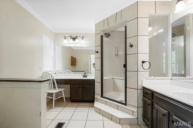 667 Workman Rd, Eureka, MO 63025 - full bath with ornamental molding, a stall shower, tile patterned floors, and two vanities