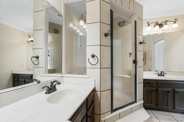 667 Workman Rd, Eureka, MO 63025 - full bath with ornamental molding, a shower stall, two vanities, and tile patterned floors