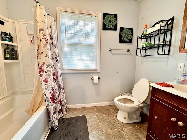 full bath featuring toilet, vanity, tile patterned floors, shower / bath combination with curtain, and baseboards