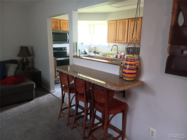kitchen with appliances with stainless steel finishes, a kitchen bar, a sink, a peninsula, and carpet
