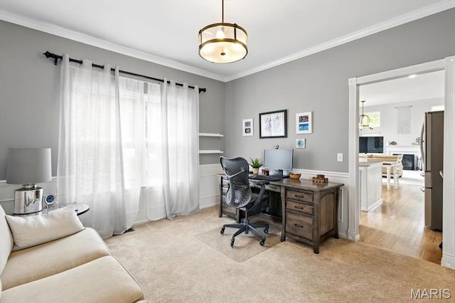 office space featuring ornamental molding and light colored carpet