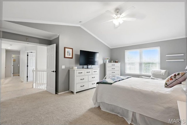 bedroom with light colored carpet, lofted ceiling, ornamental molding, baseboards, and ceiling fan