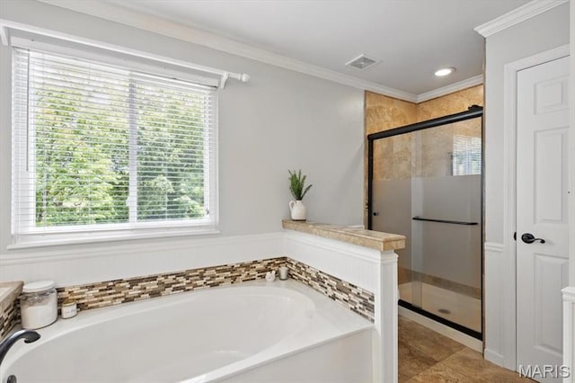 bathroom featuring plenty of natural light, a garden tub, a shower stall, ornamental molding, and recessed lighting