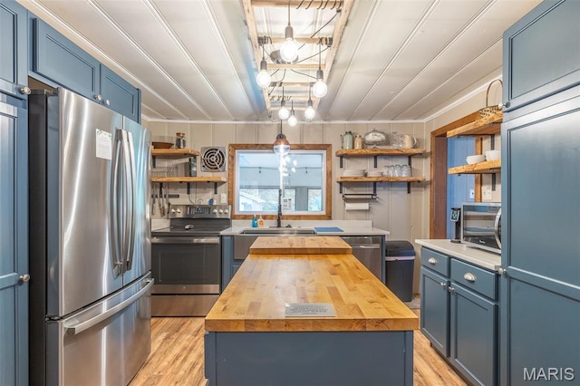 167 Ripley Co Rd Unit Y-3, Doniphan, MO 63935 - kitchen with wooden counters, open shelves, appliances with stainless steel finishes, blue cabinetry, and a sink