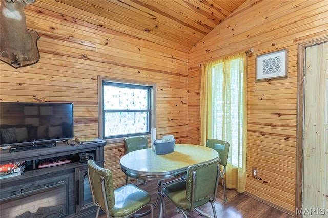 167 Ripley Co Rd Unit Y-3, Doniphan, MO 63935 - dining space featuring lofted ceiling, wooden walls, wood ceiling, and dark wood-style floors