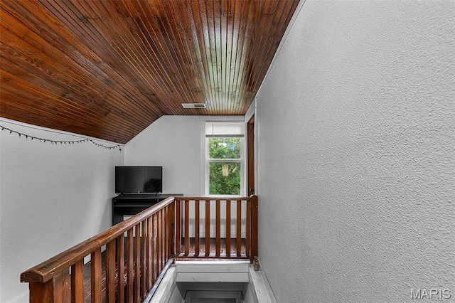 923 N Fountain St, Cape Girardeau, MO 63701 - stairway featuring wood ceiling, a textured wall, and lofted ceiling
