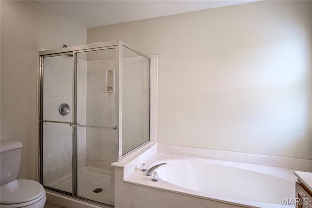 full bathroom featuring a shower stall, a bath, and toilet