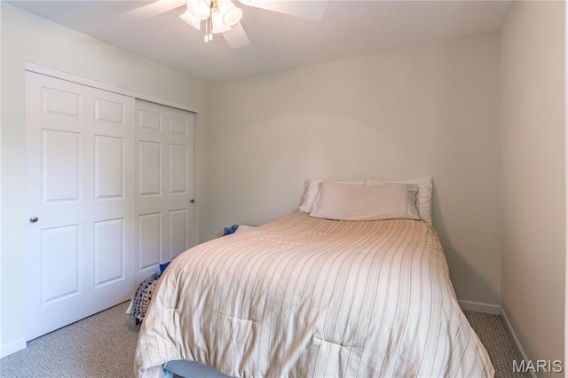 bedroom featuring carpet, baseboards, a closet, and ceiling fan