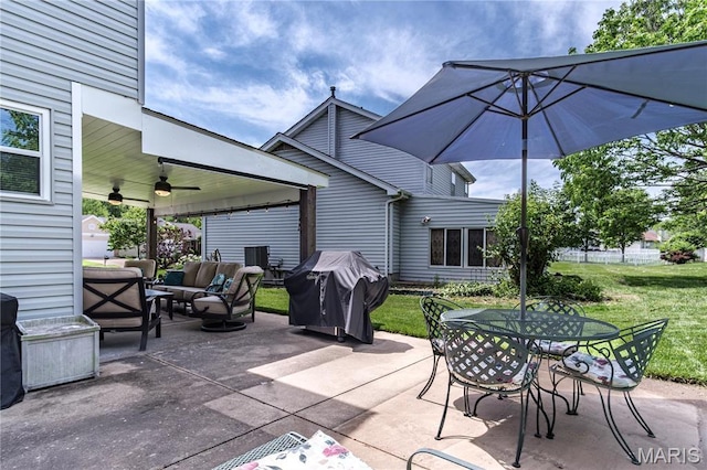 view of patio featuring an outdoor living space, outdoor dining area, a ceiling fan, and area for grilling