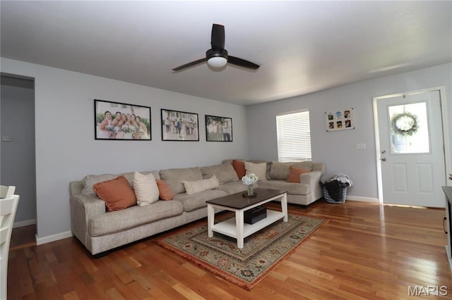 424 Shellview St, Bethalto, IL 62010 - living room featuring a ceiling fan, wood finished floors, and baseboards