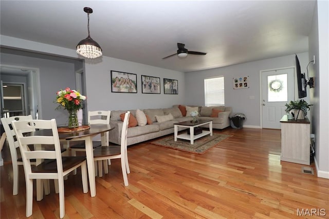 424 Shellview St, Bethalto, IL 62010 - living room with a ceiling fan, light wood-style floors, and baseboards