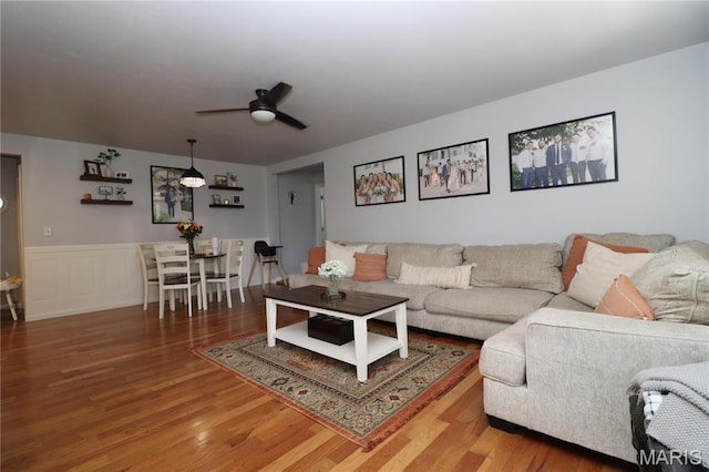 424 Shellview St, Bethalto, IL 62010 - living room with ceiling fan, wood finished floors, and a wainscoted wall