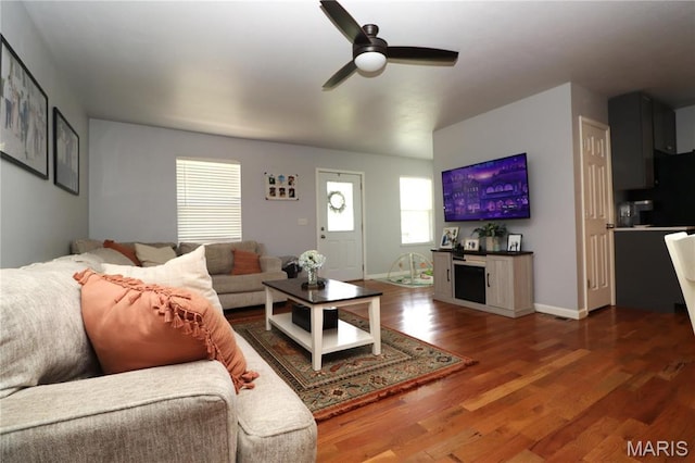 424 Shellview St, Bethalto, IL 62010 - living area with a ceiling fan, wood finished floors, and baseboards