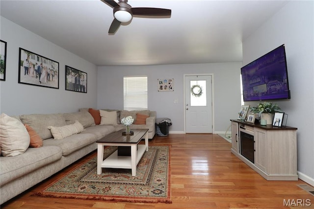 424 Shellview St, Bethalto, IL 62010 - living room with ceiling fan, light wood-type flooring, and baseboards