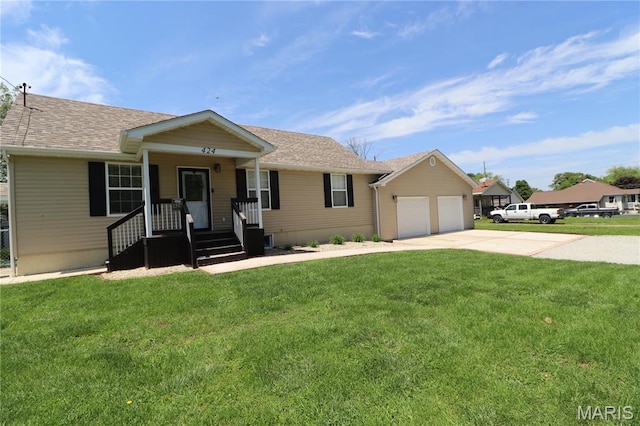 424 Shellview St, Bethalto, IL 62010 - ranch-style home featuring concrete driveway, a front lawn, an attached garage, and a shingled roof