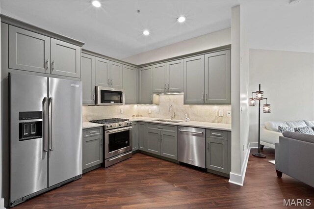 9 N Euclid Ave Unit 411, Saint Louis, MO 63108 - kitchen featuring premium appliances, gray cabinets, a sink, dark wood-type flooring, and light countertops